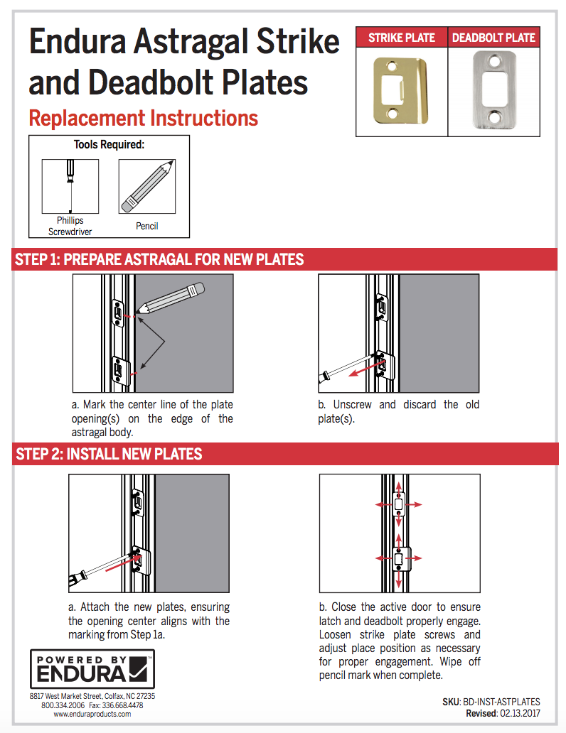 How do I install the Endura Astragal Strike and Deadbolt Plates?